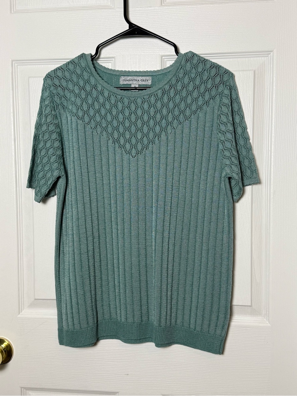 Samantha Grey Short-Sleeve Crewneck Sweater — Sage Green